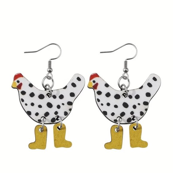 Chicken Earrings with Boots Wood Dangle Hen Whimsical Ornament Farm Country NEW - Picture 3 of 4